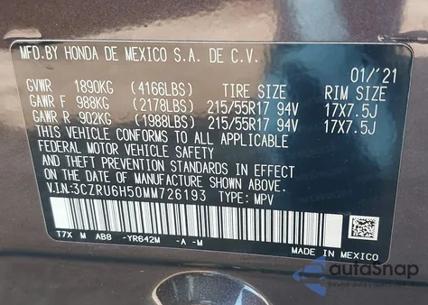 2021 Honda Hr-V Awd Ex из США, поврежденный, VIN 3CZRU6H50MM726193